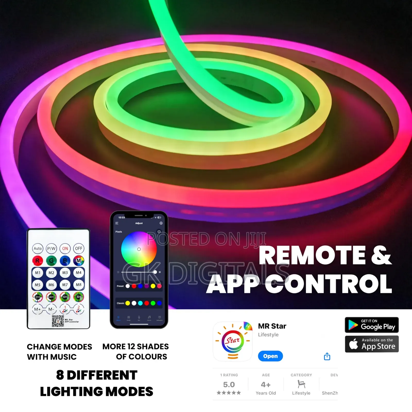 Smart RGB LED Strip Light – App Control, Music Sync, Bluetooth & Remot