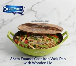 36cm Enamel Cast Iron Wok Pan With Wooden Lid