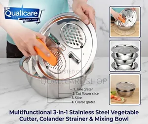 3-in-1 Stainless Steel Vege Cutter, Colander Strainer & Mixing Bowl