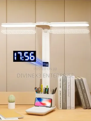 Foldable Double-Head LED Desk Lamp With Digital Clock & Stationery Box