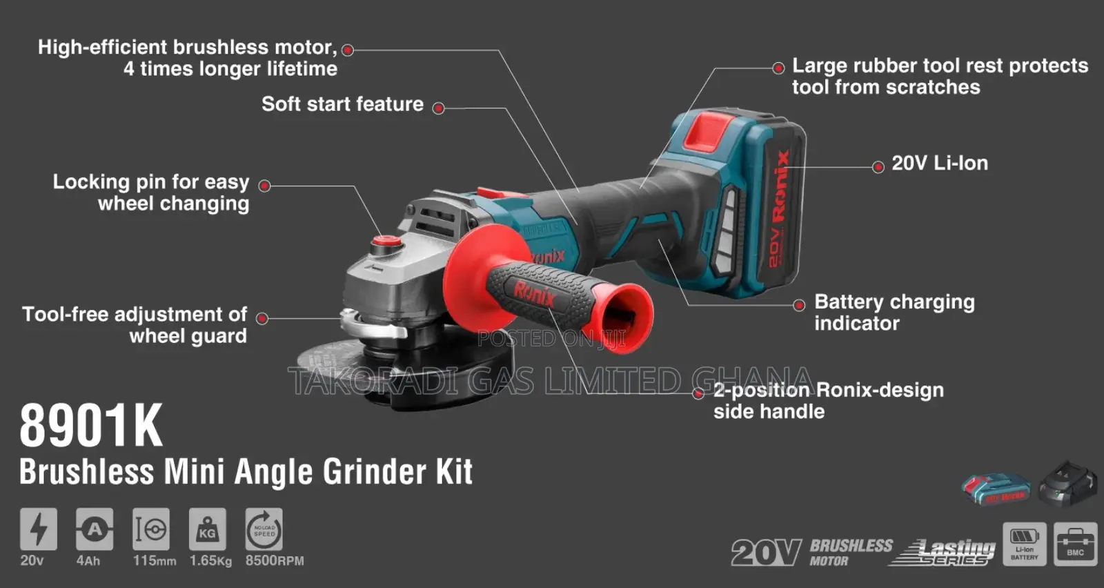 Mini Angle Grinder Kit - Brushless / Codeless 8901K RONIX