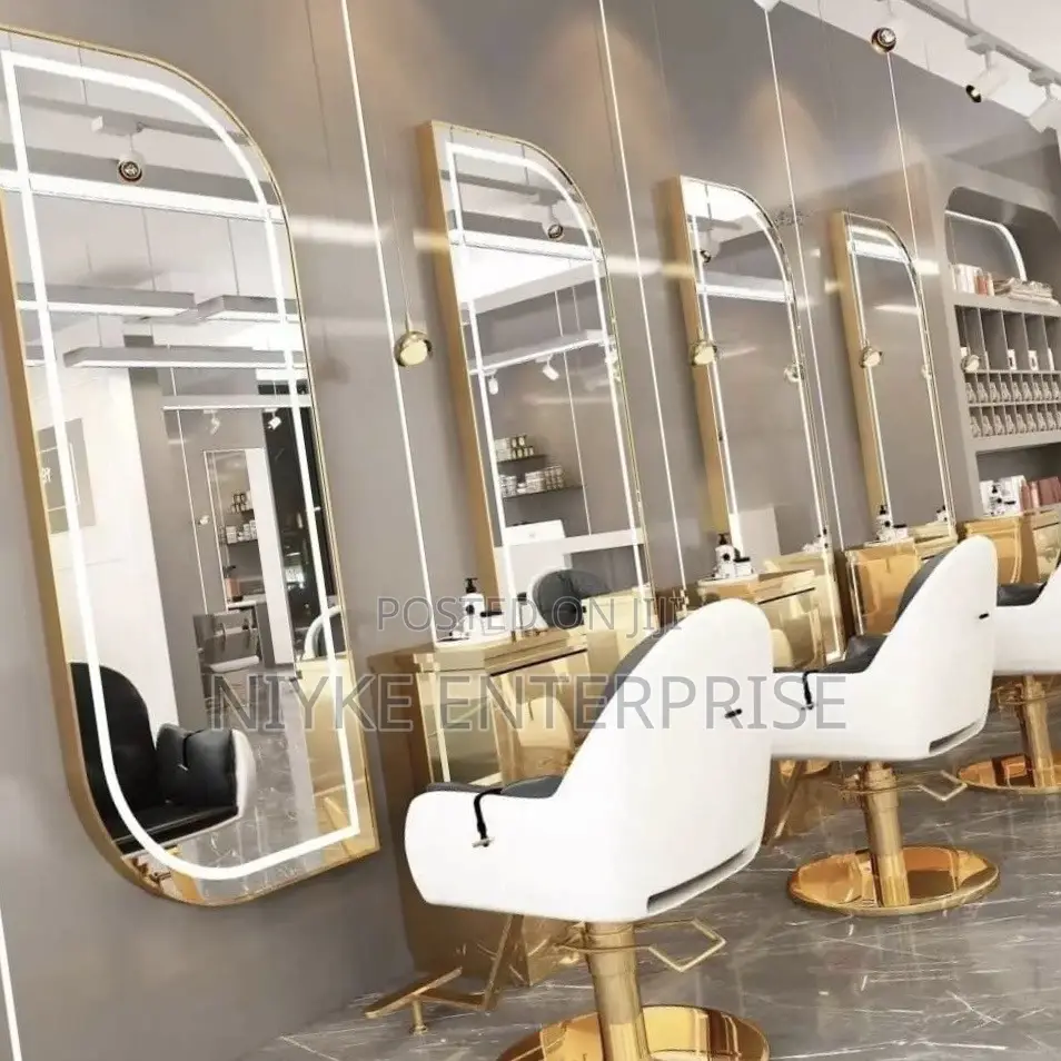 Modern Arched LED Salon Mirror – Gold Frame Full-Length Wall Mirror