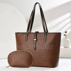 Woven Pattern Leather Tote Bag Set, 2-in-1 Women's Work Handbag