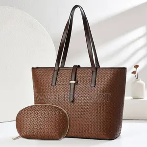 Woven Pattern Leather Tote Bag Set, 2-in-1 Women's Work Handbag