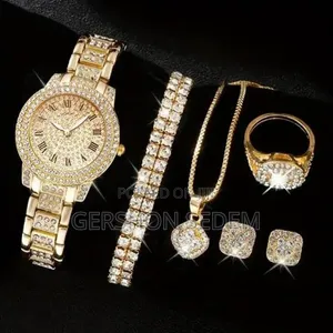 Gold 5-in-1 Jewelry Set for Men – Watch, Necklace, Earrings, Ring