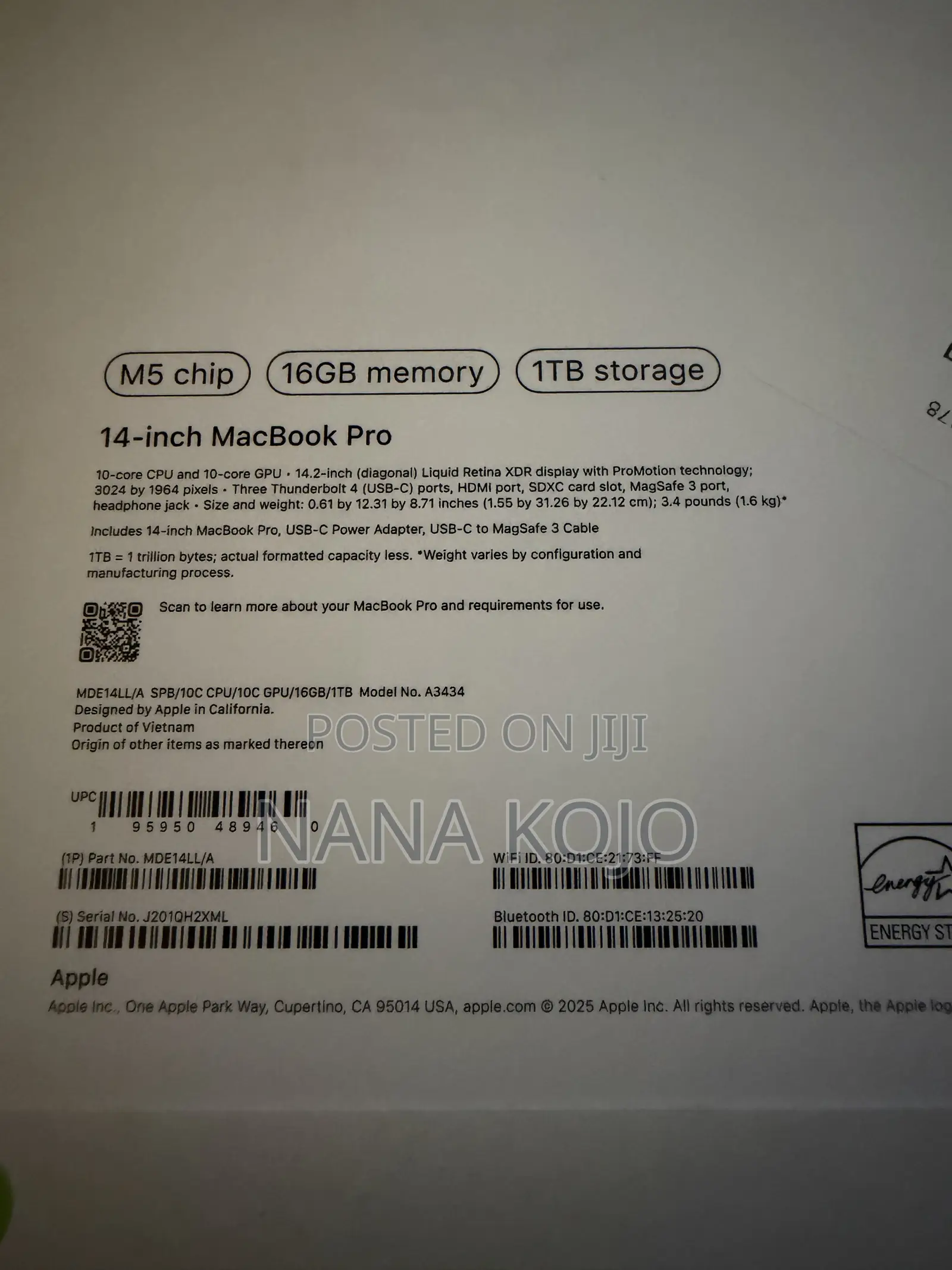 New Laptop Apple MacBook Pro 16GB Apple M5 SSD 1T