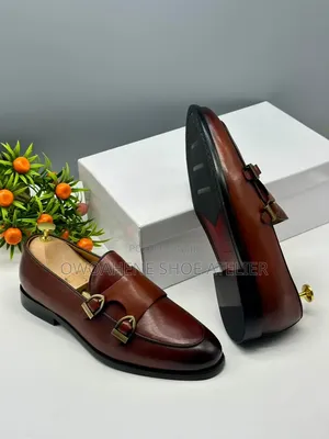 Brown Leather Double Monk Strap Slip-on Loafers.