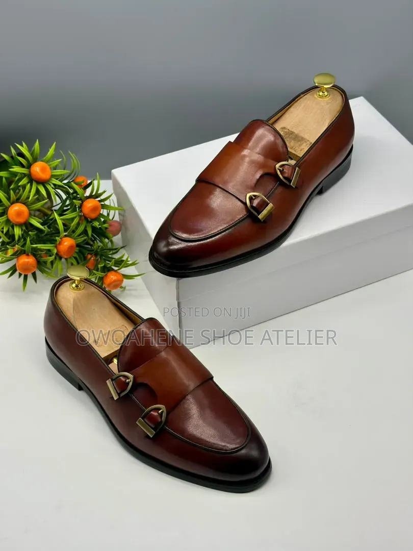 Brown Leather Double Monk Strap Slip-on Loafers.