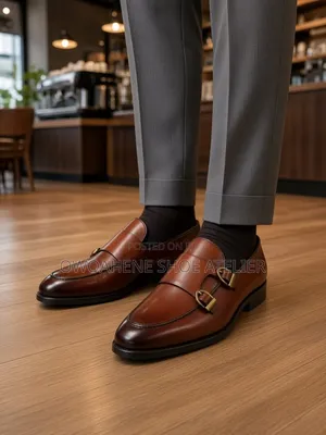 Brown Leather Double Monk Strap Slip-on Loafers.