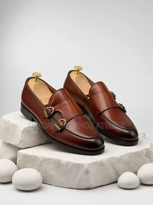 Brown Leather Double Monk Strap Slip-on Loafers.