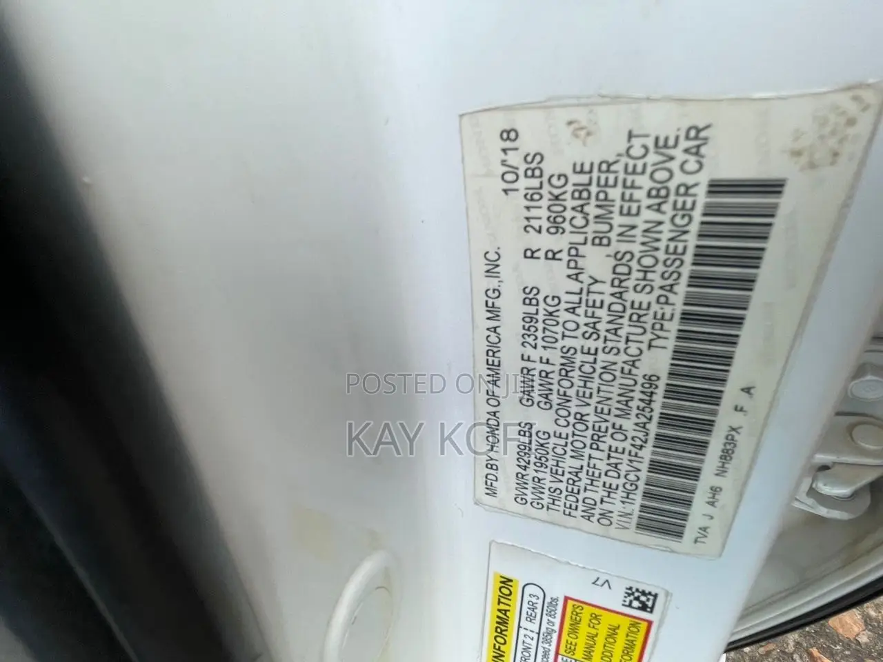 Honda Accord EX 2018 White