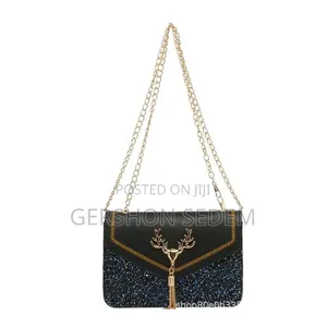 Women’s Square Messenger Shoulder Bag – Black (Deer Head Design)