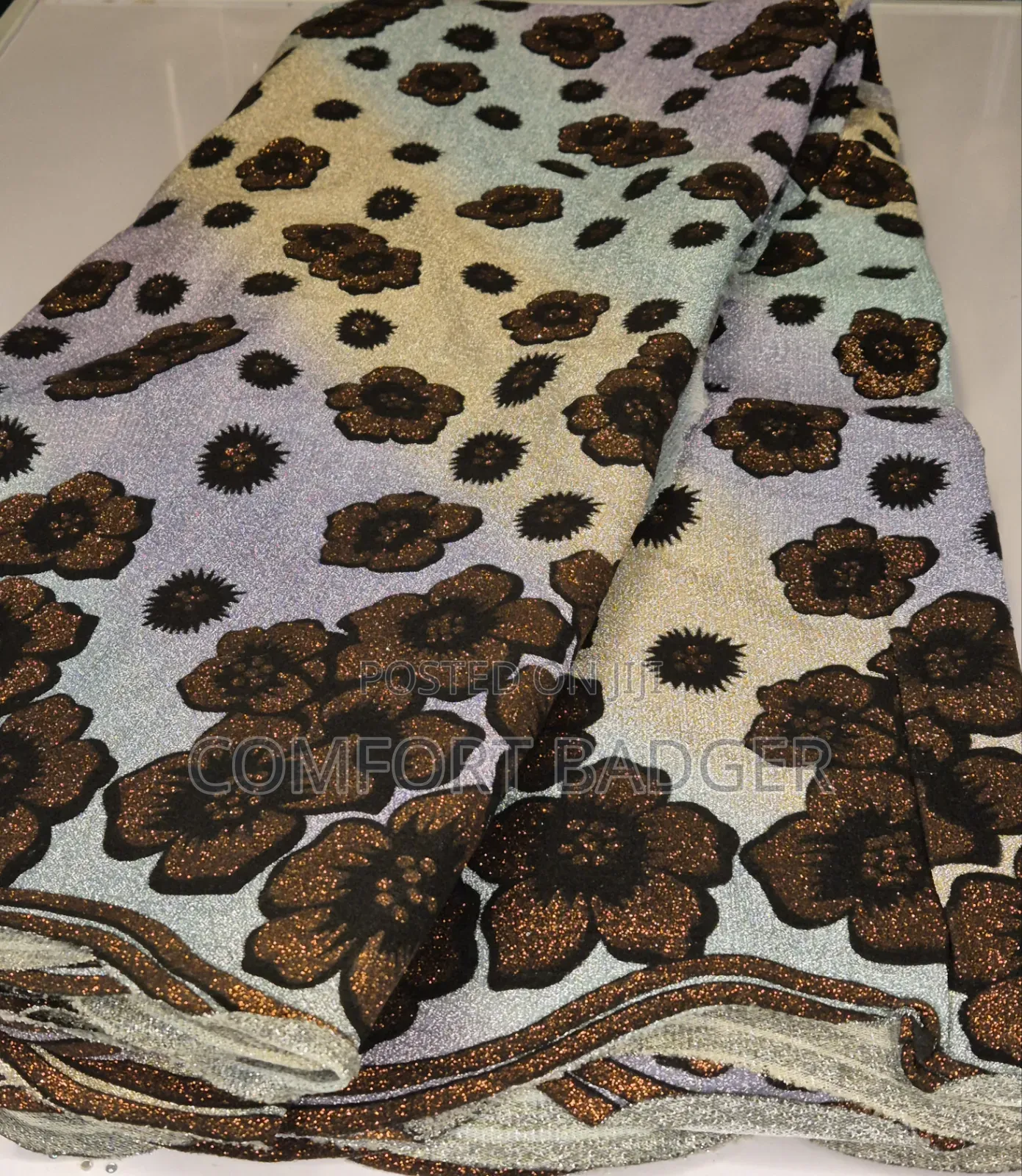 Metallic Glitter Ombre Lace With Floral Embellishments