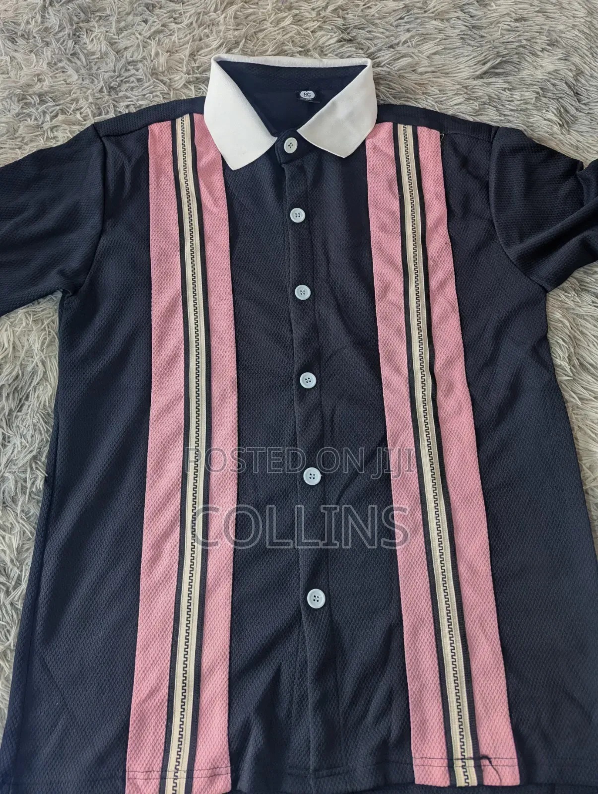 Men’s Black Vintage Bowling Shirt – Pink & Stripe Panels