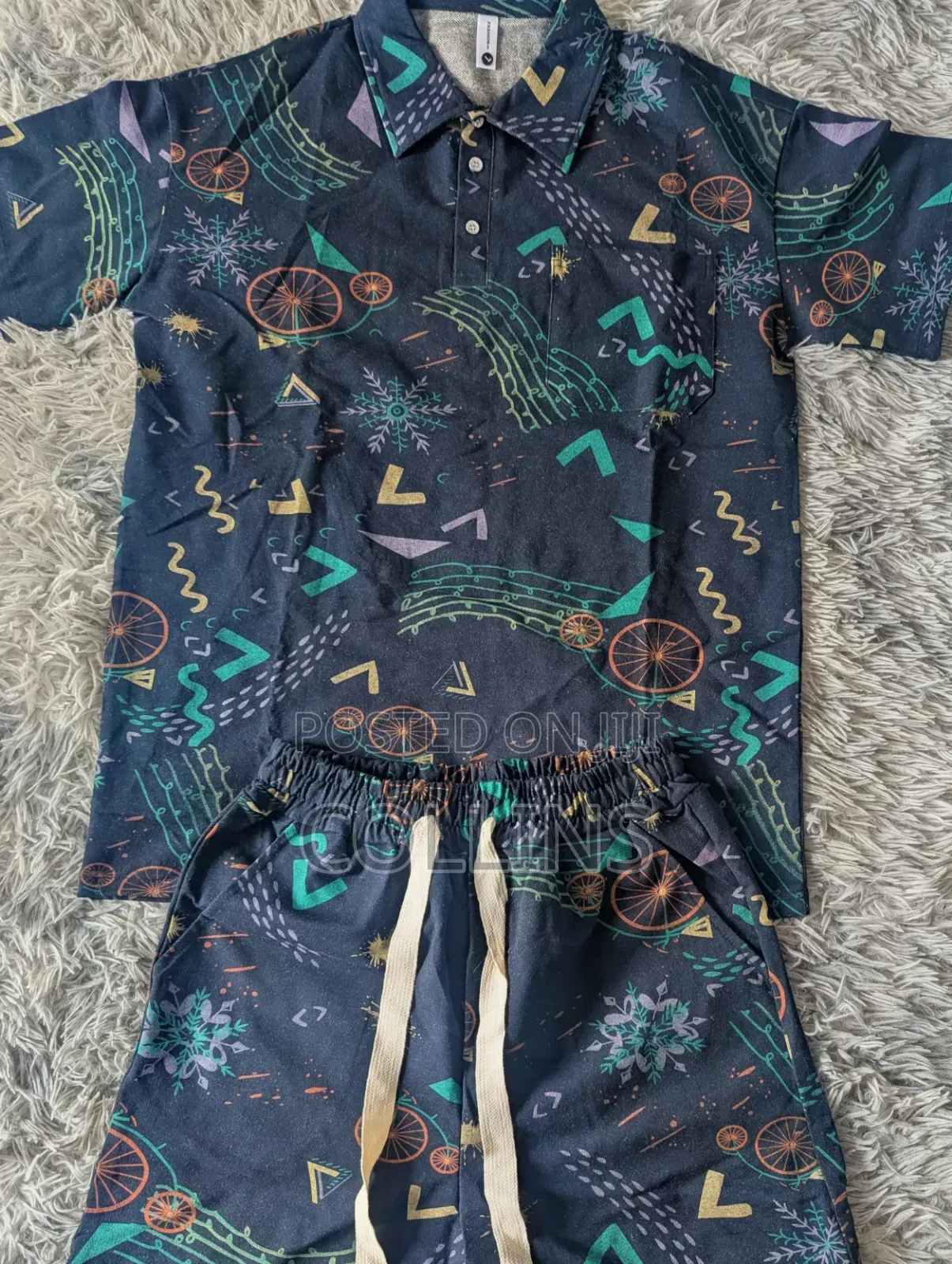 Men’s Retro Geometric Print 2-Piece Short Set – Navy Blue