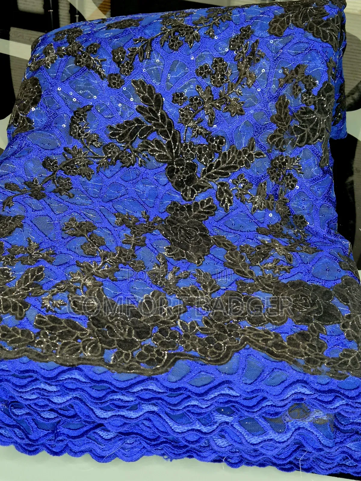 Royal Blue Lace With Floral Velvet Embellishments and Sequin Attached