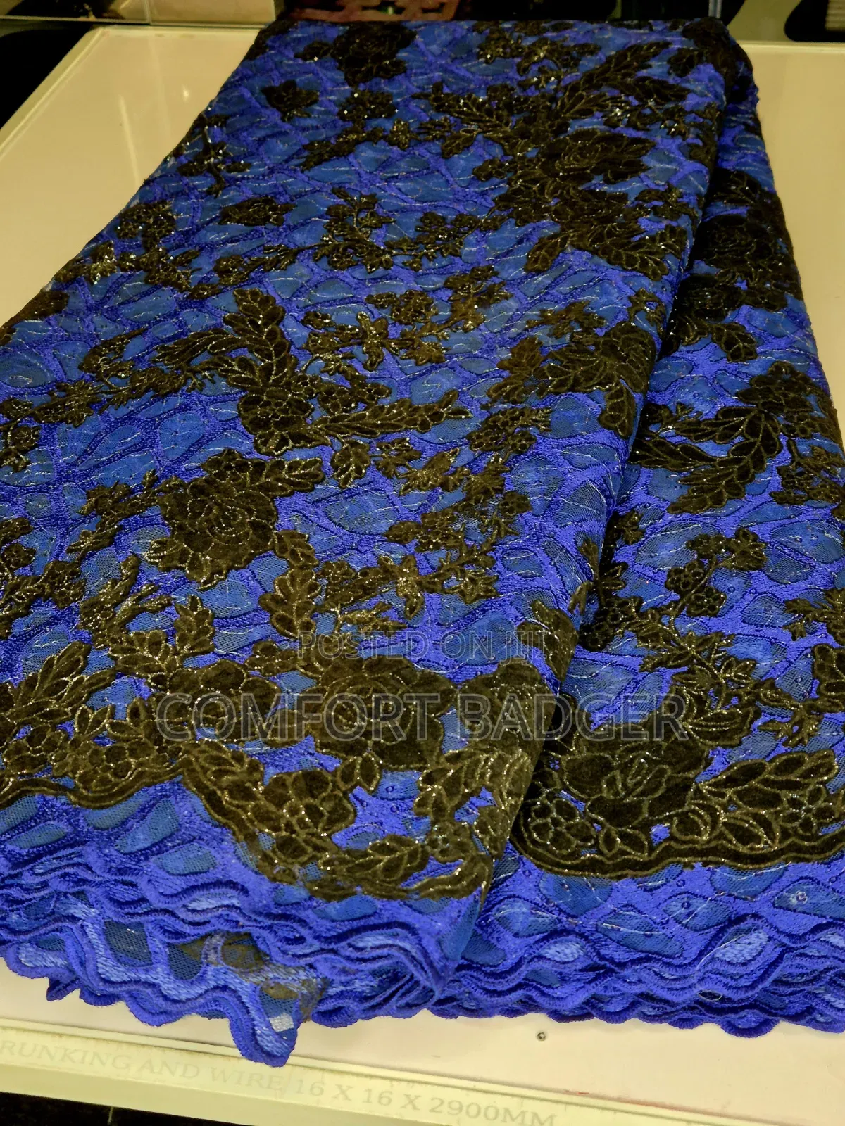 Royal Blue Lace With Floral Velvet Embellishments and Sequin Attached
