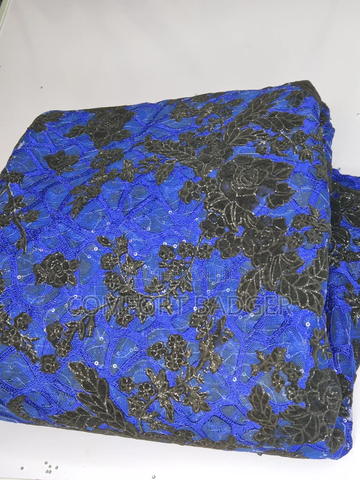 Royal Blue Lace With Floral Velvet Embellishments and Sequin Attached