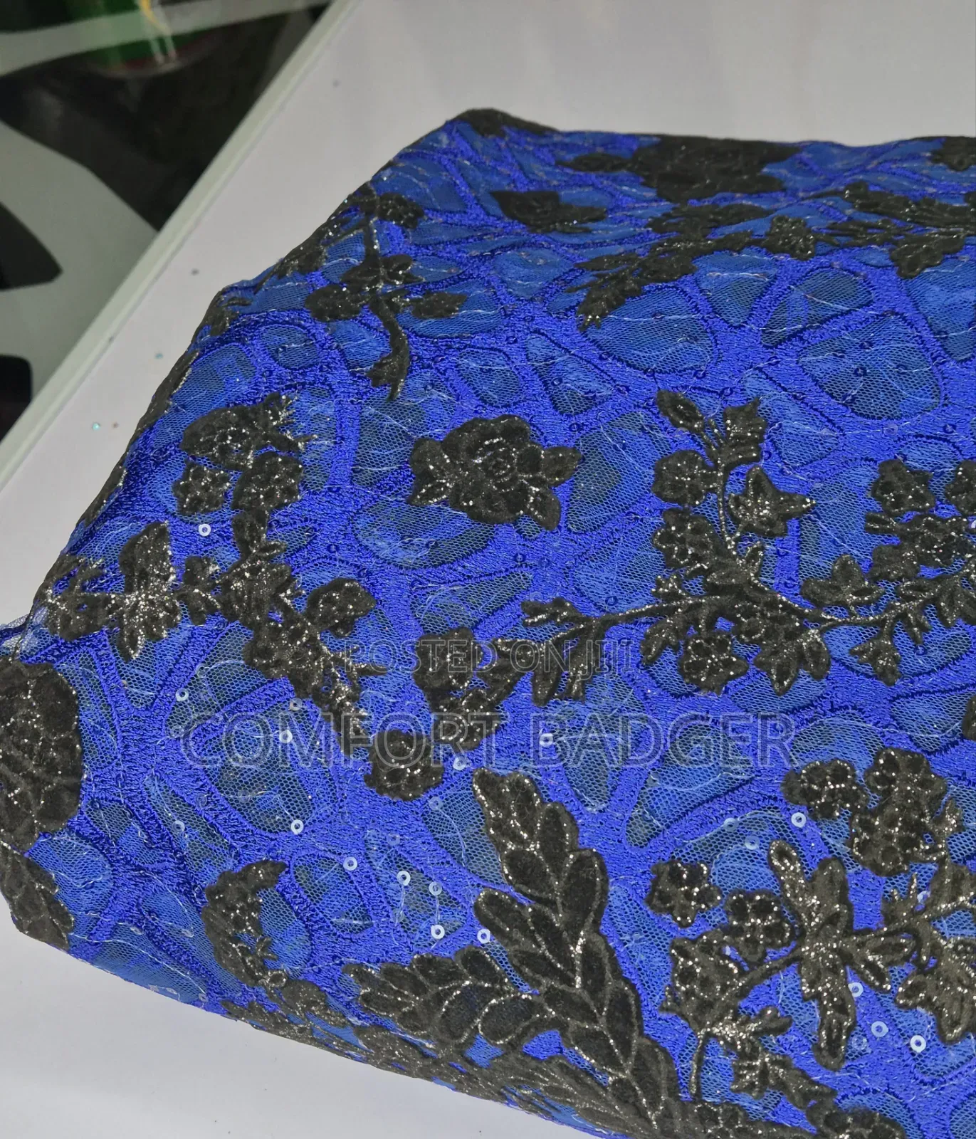 Royal Blue Lace With Floral Velvet Embellishments and Sequin Attached