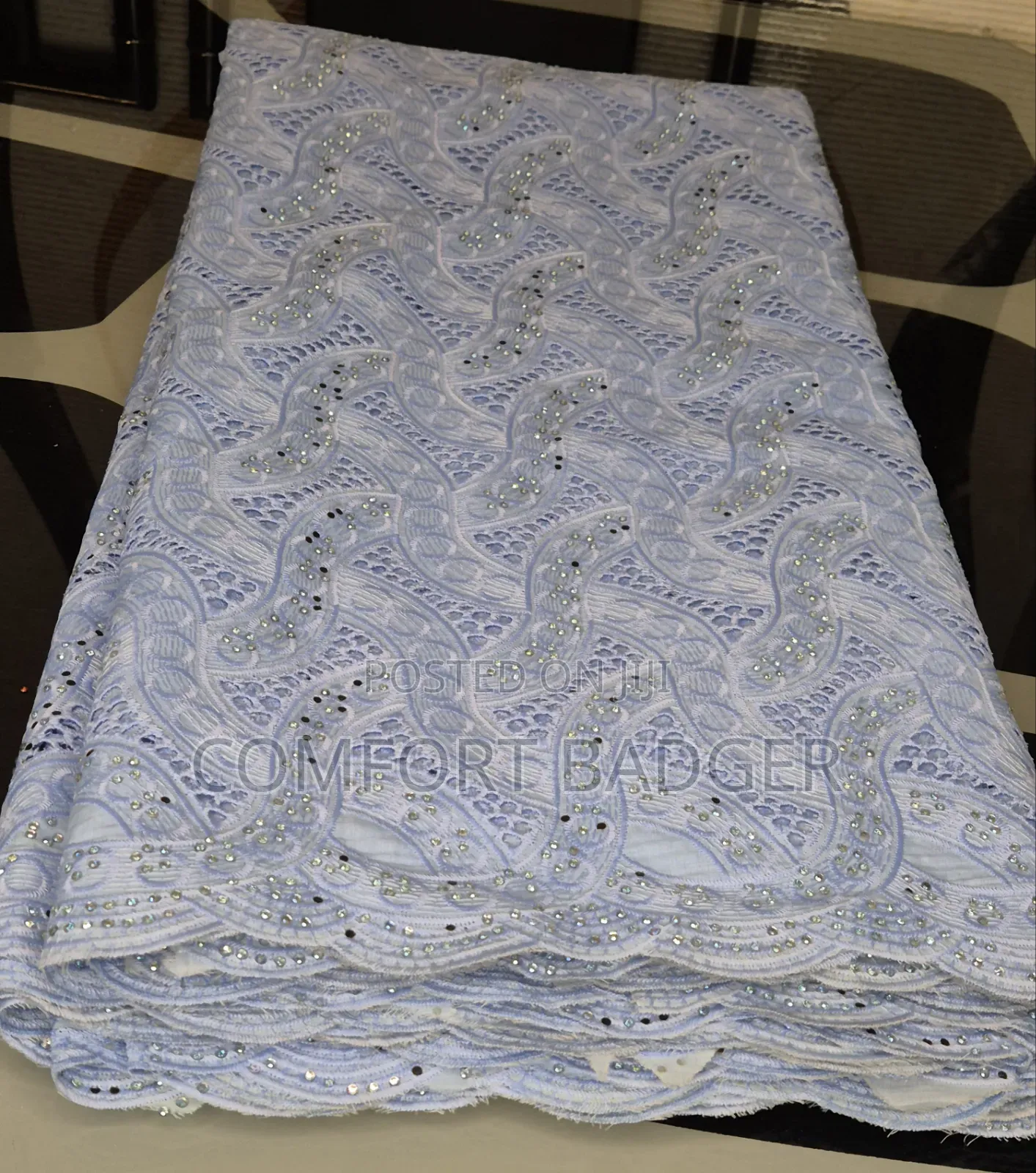 Exquisite Light Blue Swiss Voile Lace With Rhinestones