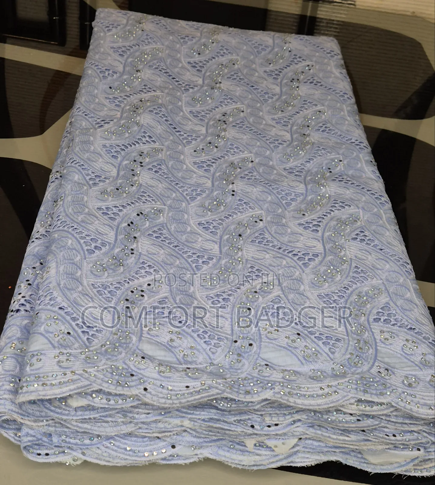Exquisite Light Blue Swiss Voile Lace With Rhinestones