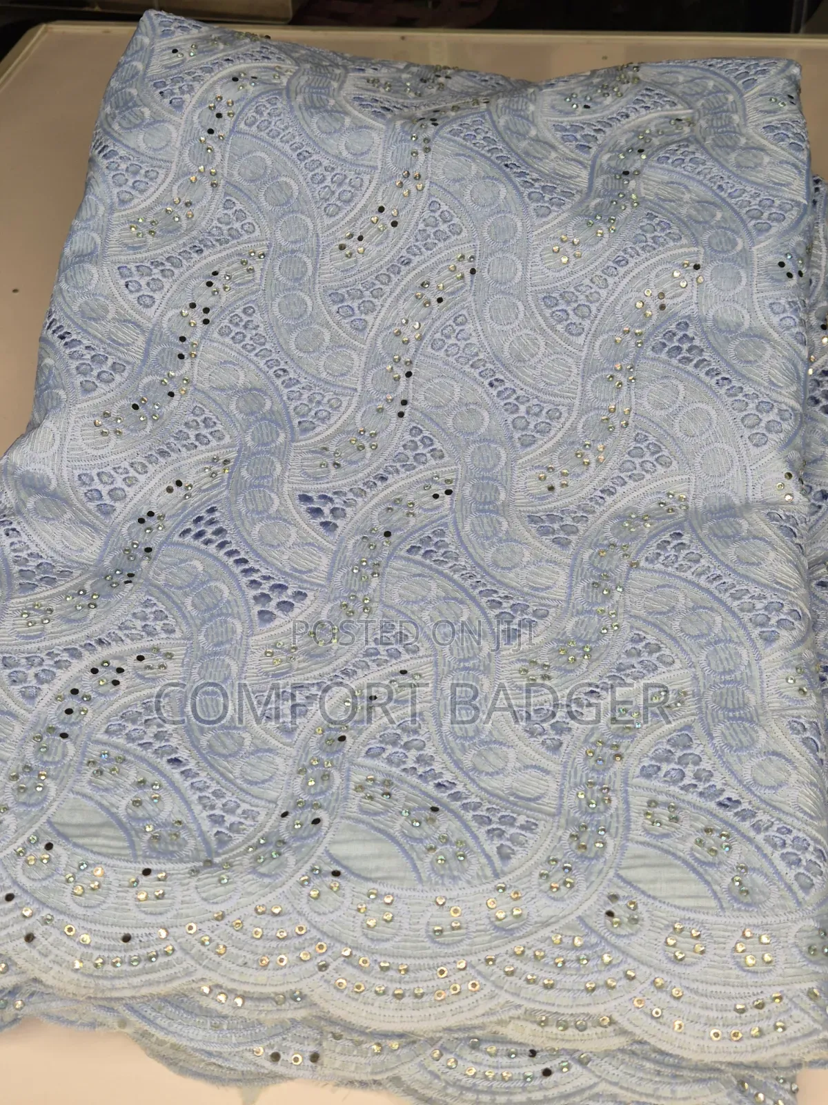Exquisite Light Blue Swiss Voile Lace With Rhinestones