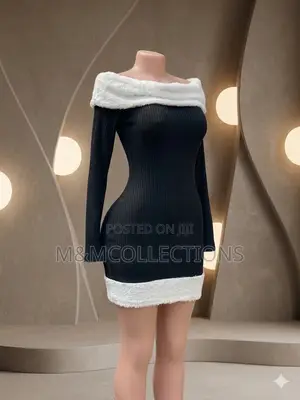 Black Long-Sleeve Dress With White Fur Trim