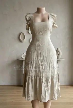 Women's Beige Midi Dress With Ruffled Sleeves