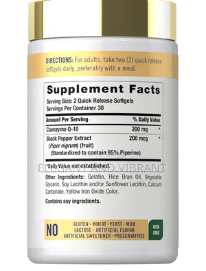 Co Q10,200mg, 69 Soft Gels With Black Pepper to Enhance Absorption.