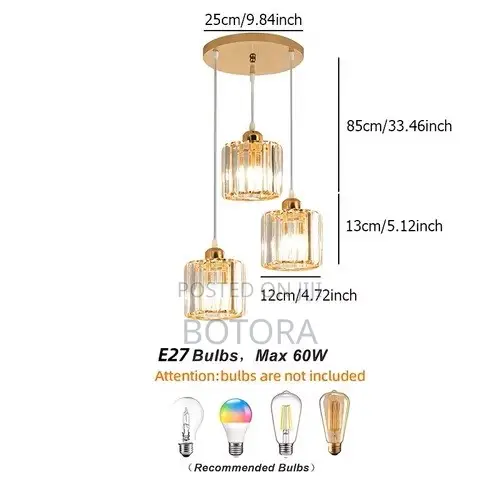 Modern 3-Light Crystal Pendant Light - E27 Gold Hanging Chandelier