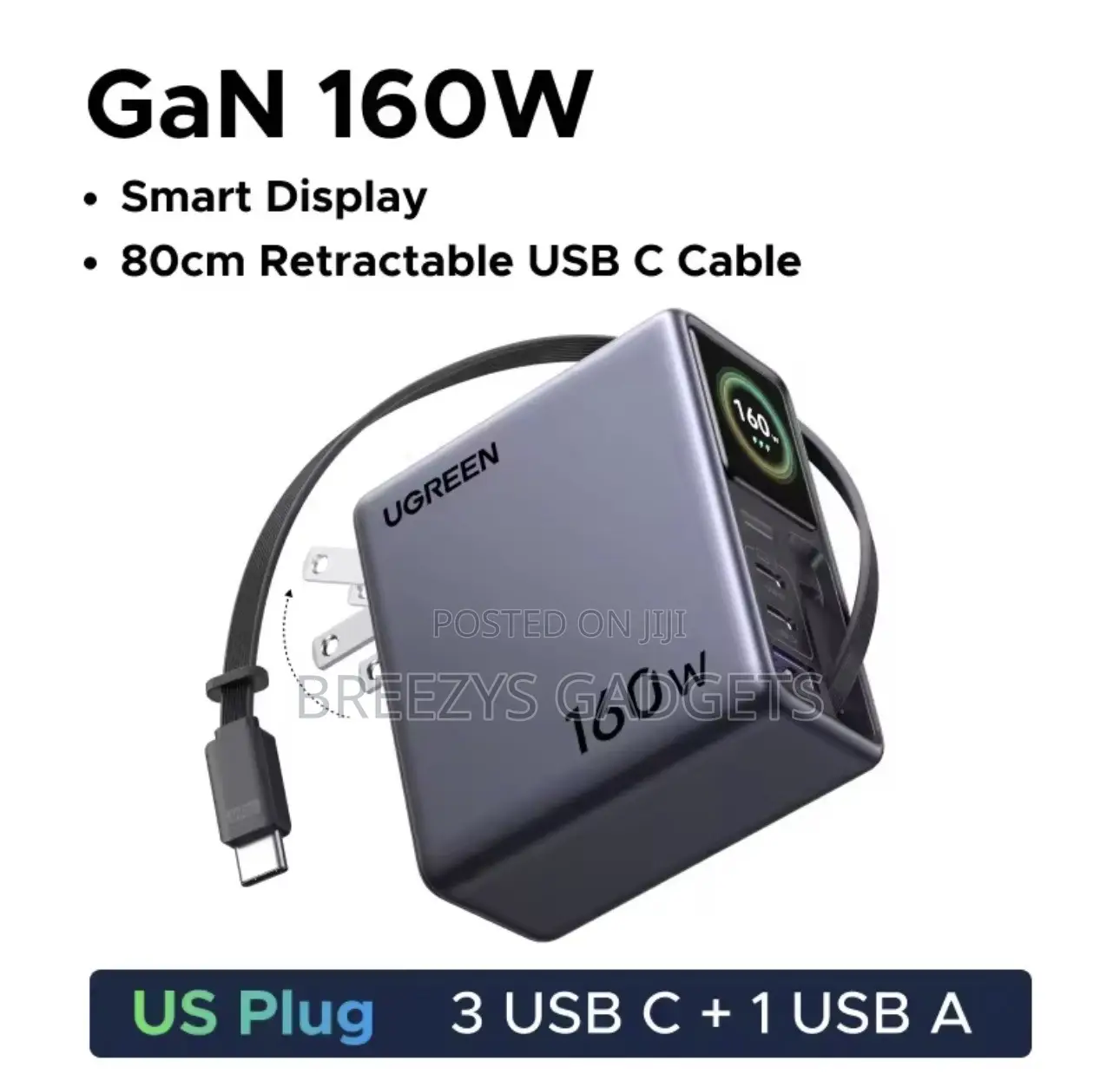 UGREEN 160W Smart Display GaN Charger With Retractable Cable AVS PD3.1