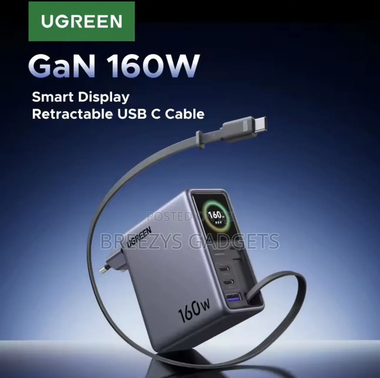 UGREEN 160W Smart Display GaN Charger With Retractable Cable AVS PD3.1