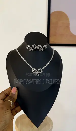 Black Bow Rhinestone Necklace & Earrings - Silver