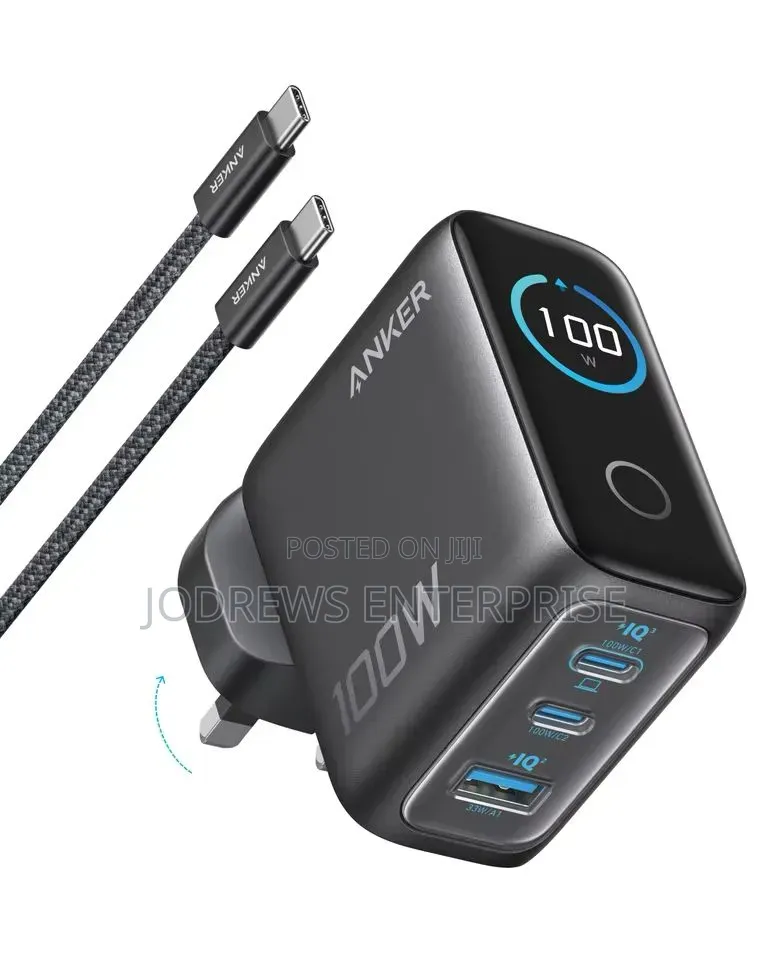 Anker Charger (100W, 3 Ports,  Smart Display) With 4.9ft USB-C Cable