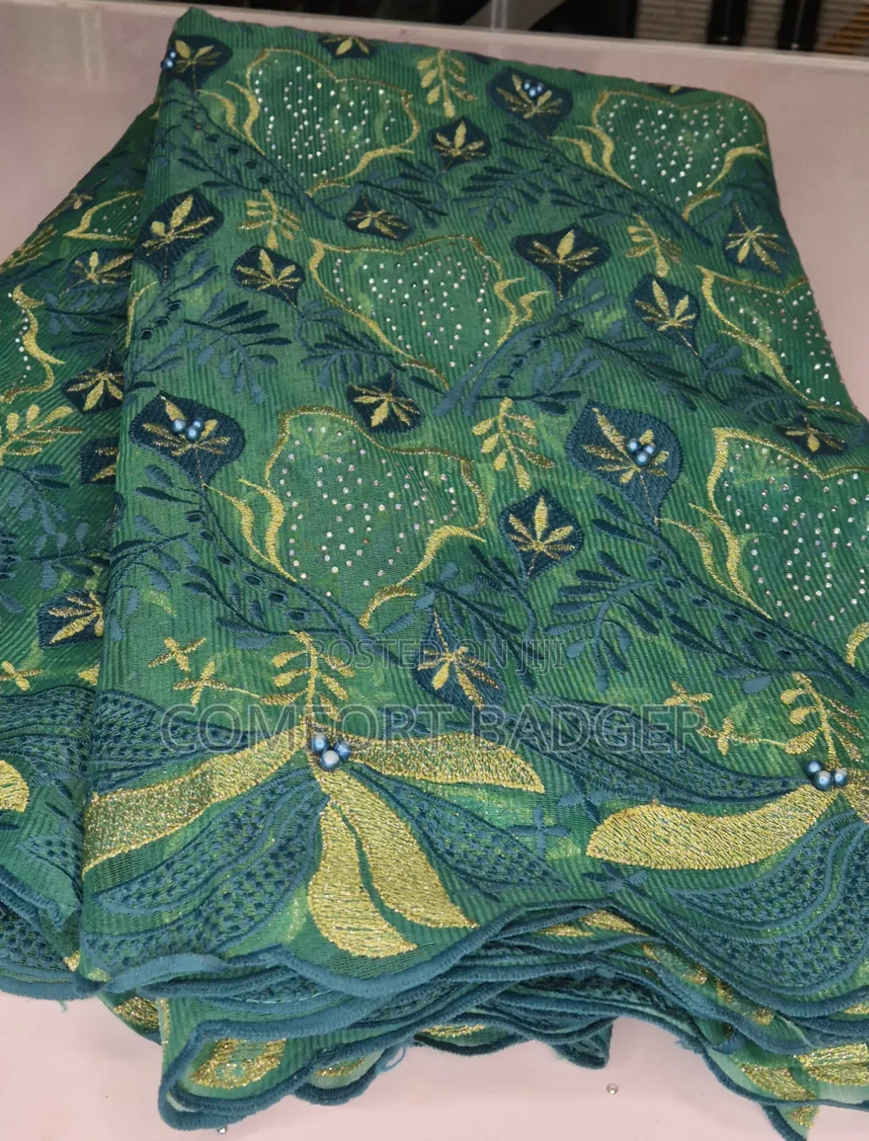 Elegant Green Embroidery Lace With Rhinestones