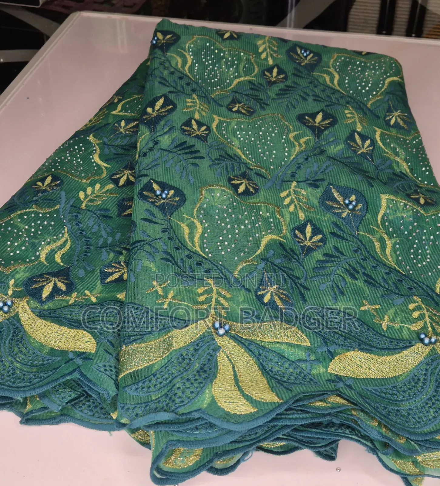 Elegant Green Embroidery Lace With Rhinestones