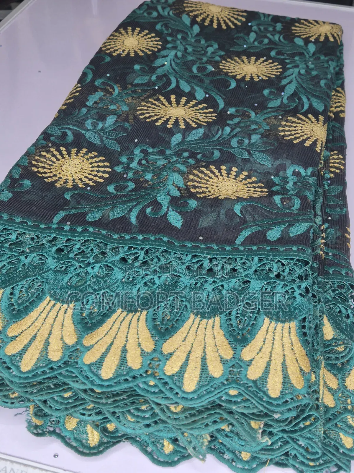 Black Mesh Lace With Teal Green and Gold Embroidery
