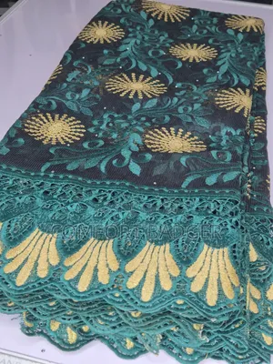 Black Mesh Lace With Teal Green and Gold Embroidery