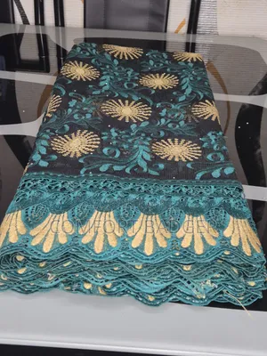 Black Mesh Lace With Teal Green and Gold Embroidery