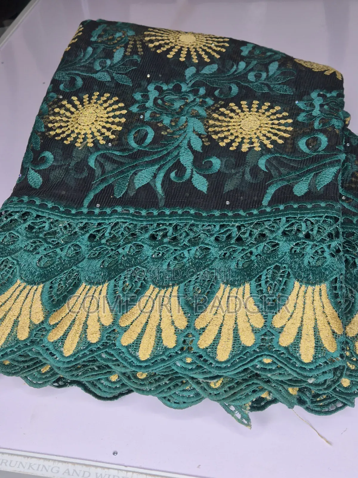 Black Mesh Lace With Teal Green and Gold Embroidery