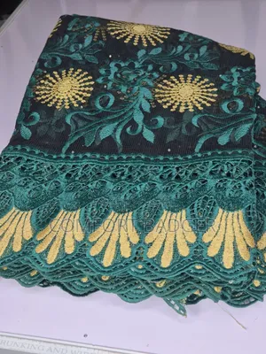 Black Mesh Lace With Teal Green and Gold Embroidery