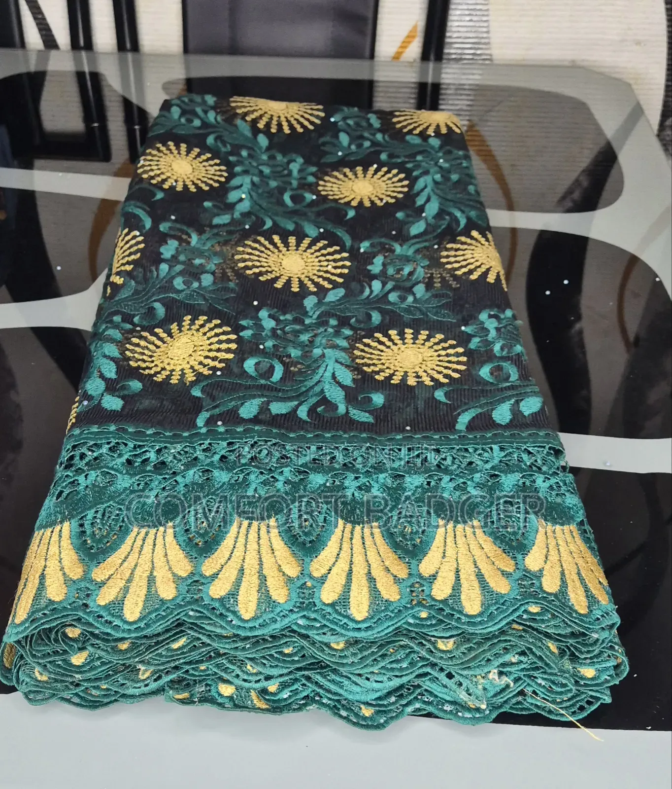Black Mesh Lace With Teal Green and Gold Embroidery
