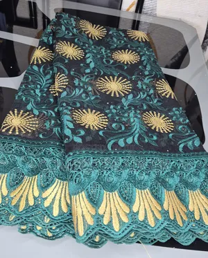 Black Mesh Lace With Teal Green and Gold Embroidery