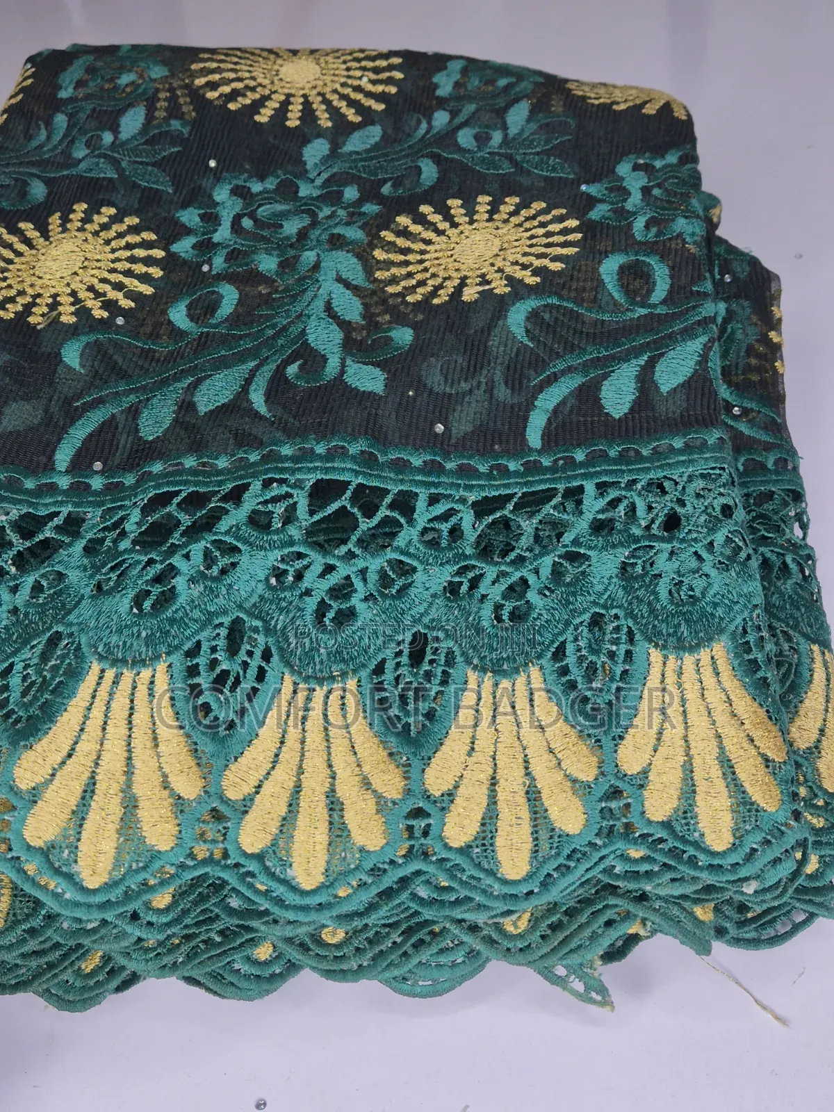 Black Mesh Lace With Teal Green and Gold Embroidery