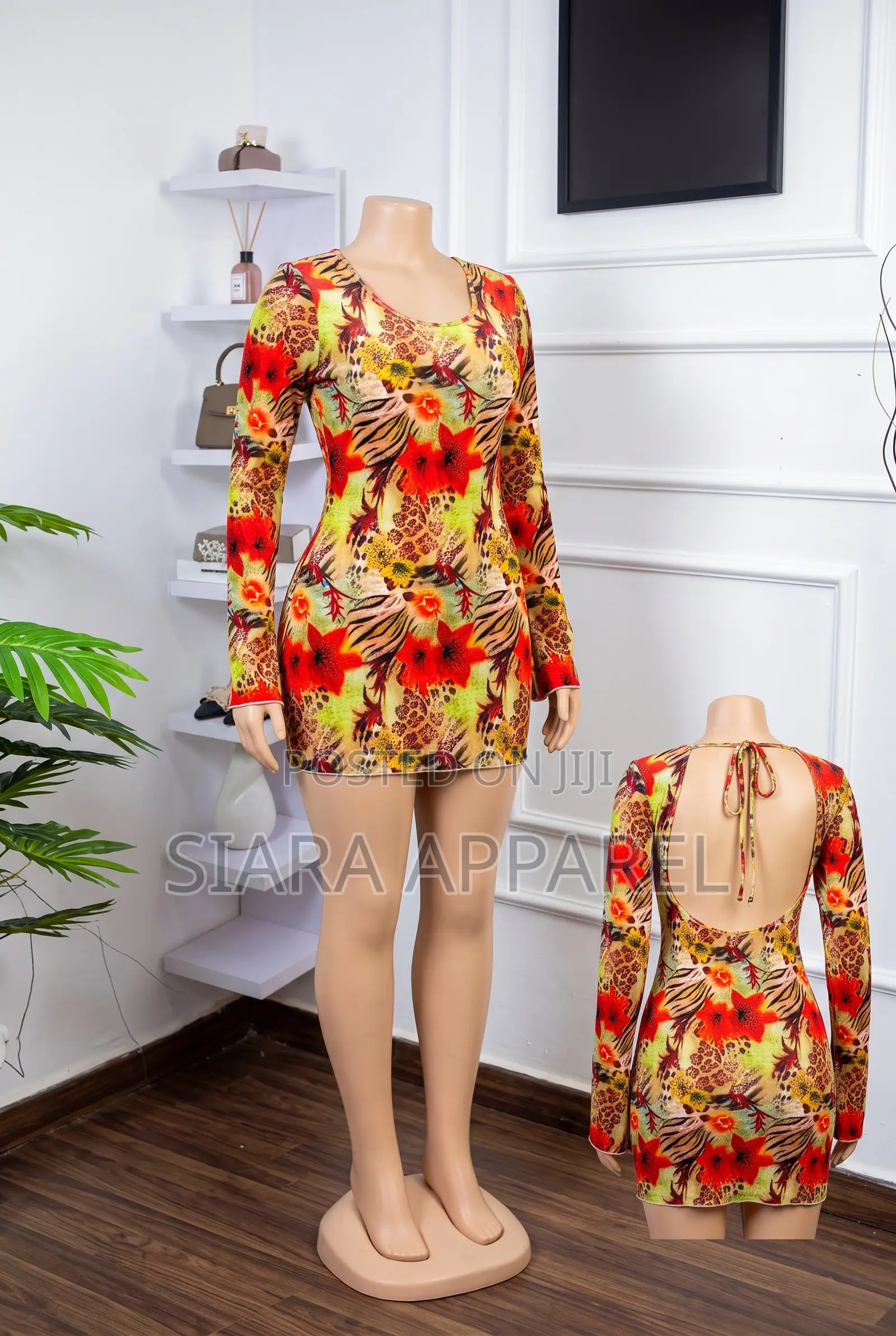 Floral Print Long Sleeve Mini Dress With Open Back