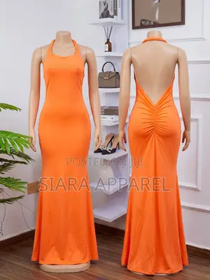Orange Halter Neck Ruched Open Back Maxi Dress