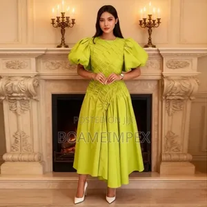 Women's Puff Sleeve Pleated Waist Dress