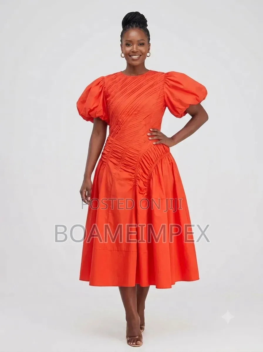 Women's Puff Sleeve Pleated Waist Dress