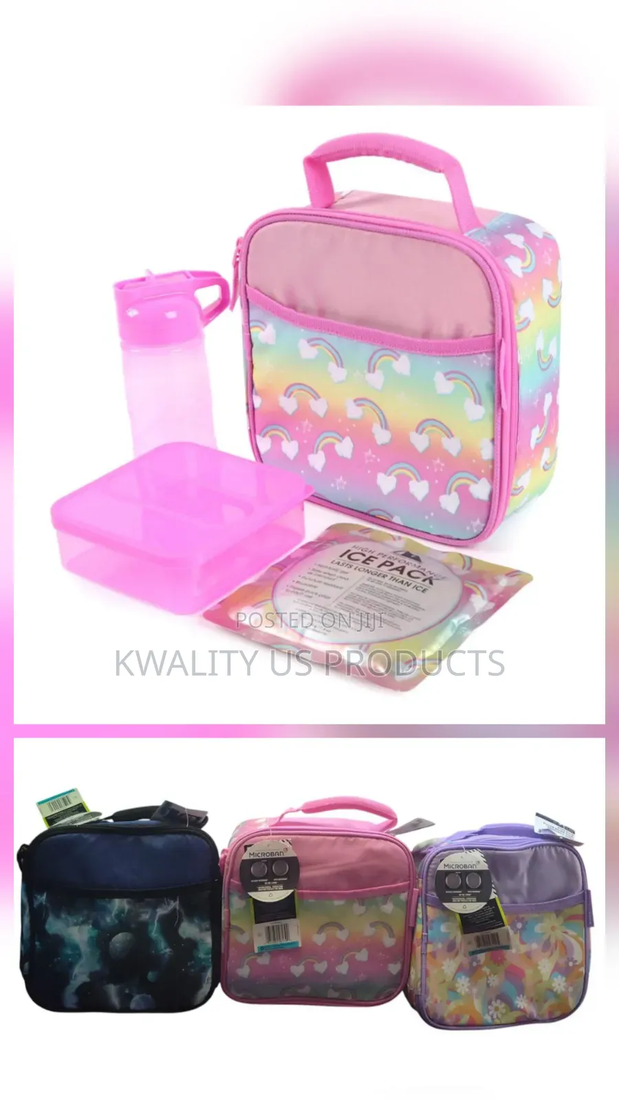 Microban Lunch Bag With Food Container Water Bottle and Ice Pack
