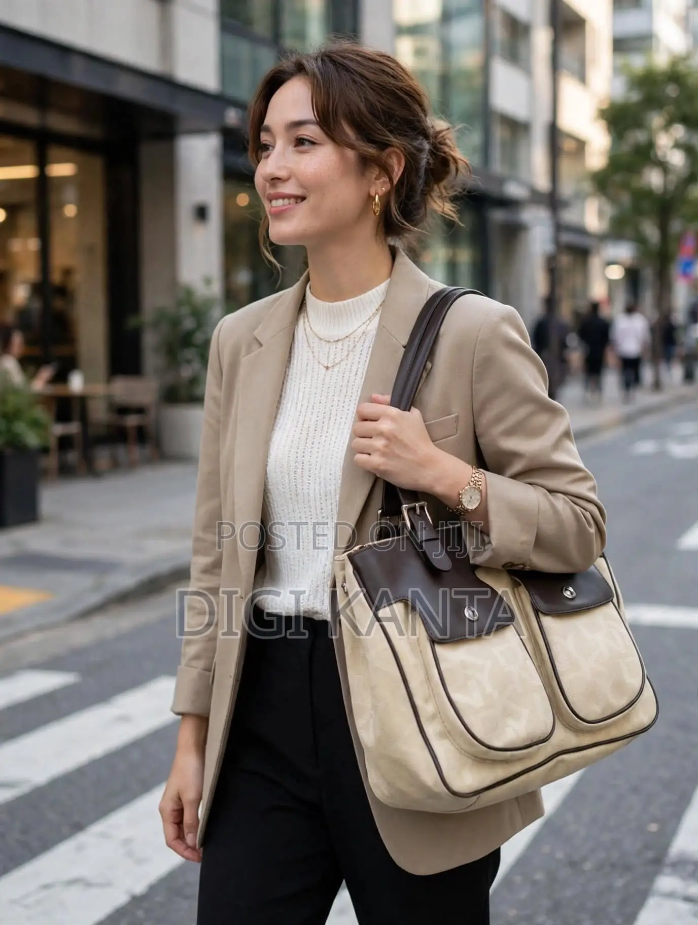 Original DKNY Beige & Dark Brown Double Pocket Tote Bag